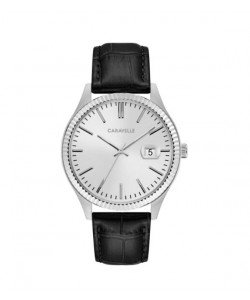 Caravelle Designed by Bulova Men's 43B150 Stainless Coin Edge Bezel Black Leather Strap Watch
