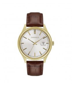 Caravelle Designed by Bulova Men's 44B115 Gold-Tone Stainless Coin-Edge Bezel Brown Leather Strap Watch
