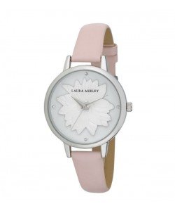 Laura Ashley Womens Silver Round "Flower" Dial Strap Watch