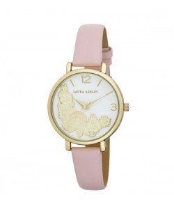 Laura Ashley Womens Gold Round Floral Bounty Strap Watch