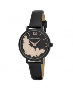 Laura Ashley Womens Black Round Floral Bounty Strap Watch