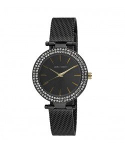 Laura Ashley Ladies Black T-Bar Case Double Stone Bezel Mesh Band Watch