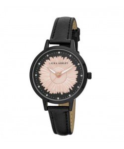 Laura Ashley Womens Black Round "Sunflower" Dial Strap Watch