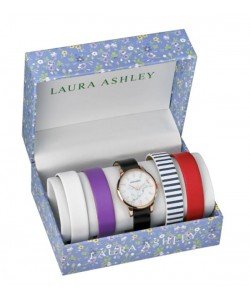 Laura Ashley Womens LASS1105RG Rose Gold Case Solid Strap Watch Set Interchangeable Straps