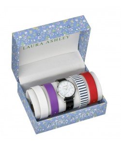 Laura Ashley Womens LASS1105SS Silver Case Solid Strap Watch Set Interchangeable Straps