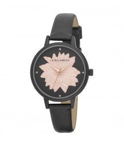 Laura Ashley Womens Black Round "Flower" Dial Strap Watch