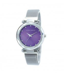 Laura Ashley Womens Silver Strap Purple Dial Facet Bezel Magnet Closure Watch