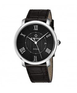 Eterna Men's 2510.41.45.1251 'Artena' Black Dial Black Leather Strap Quartz Swiss Made Watch