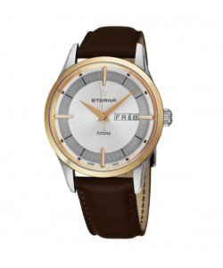 Eterna Men's 2525.53.11.1344 'Artena' Silver Dial Brown Leather Strap Two Tone Day Date Swiss Quartz Watch